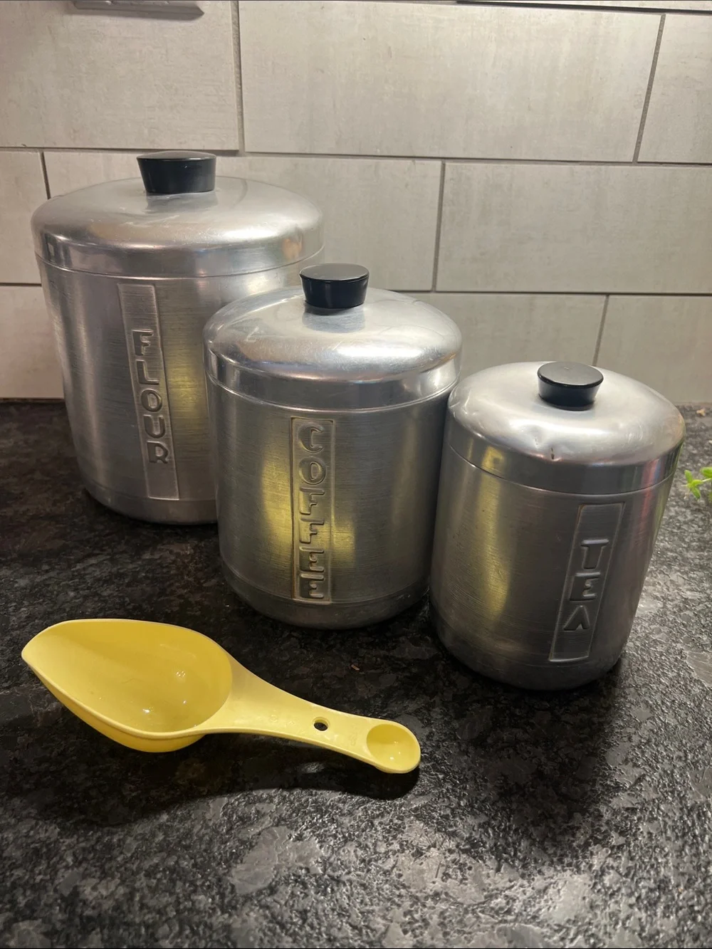 Vintage Aluminum Flour, Coffee & Tea Canister Set with free vintage scoop